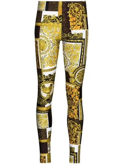 Versace Baroque Patchwork Print Leggings In Brown