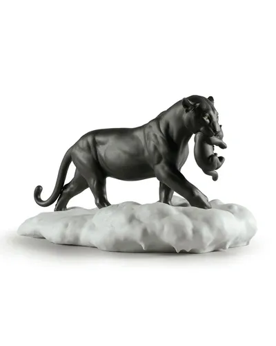 Lladrò Black Panther With Cub Figurine In Black And White