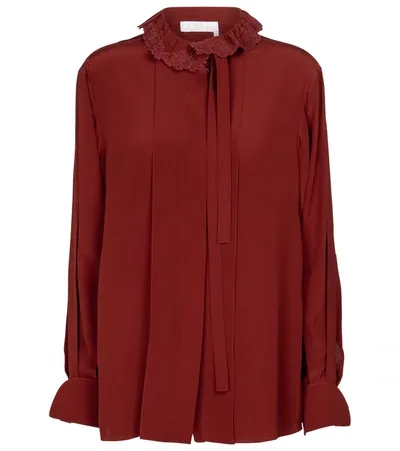 Chloé Pussy-bow Embroidered Ruffled Silk-crepe Blouse In Red