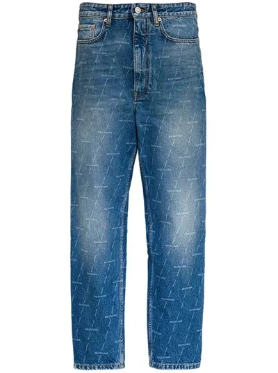 Balenciaga Jeans With Allover Signature In Blu