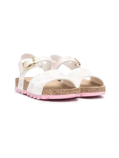 Monnalisa Kids' Floral-print Leather Sandals In White