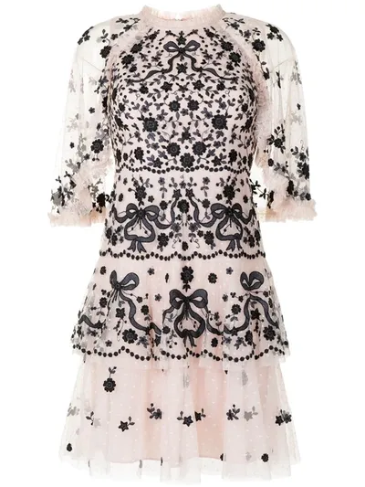 Needle & Thread 'bonnie Bow' Floral Embroidered Cape Sleeve Tier Mini Dress In Pink,black