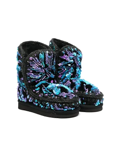 Mou Kids' Eskimo 24 Sequin Sheepskin Boots In Nero