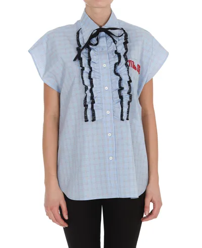 Miu Miu Logo-embroidered Ruffle Shirt In Light Blue