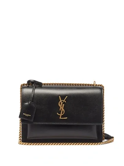 Saint Laurent Sunset Medium Ysl-plaque Leather Shoulder Bag In Black