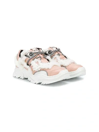 N°21 Kids' Fur-trimmed Low-top Sneakers In Pink