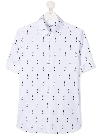 Neil Barrett Teen Lightning Print Short-sleeved Shirt In White