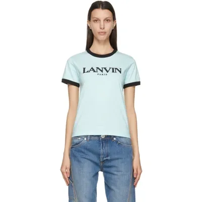 Lanvin Logo-embroidered Contrasting Edge T-shirt In Light Blue,black