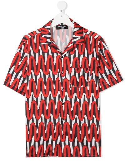 Neil Barrett Teen Zigzag-print Short-sleeved Shirt In Nero/rosso