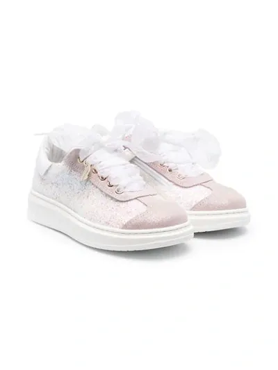 Monnalisa Kids' Floral Lace Detail Sneakers In Bianca