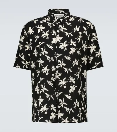 Saint Laurent Short-sleeved Floral Silk Shirt In Black