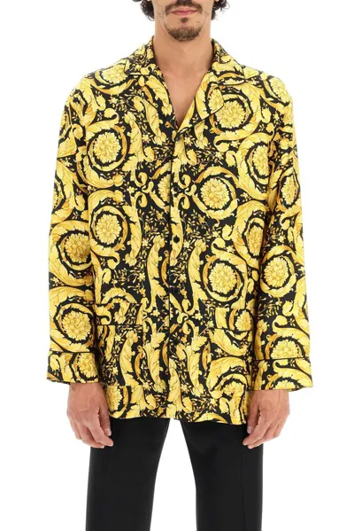 Versace Baroque Pattern-print Silk Pyjama Shirt In Gold Print