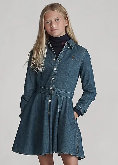 Polo Ralph Lauren Kids' Belted Cotton Denim Shirtdress In Indigo