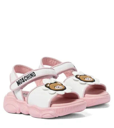 Moschino Kids' Patent Leather-trimmed Sandals In White