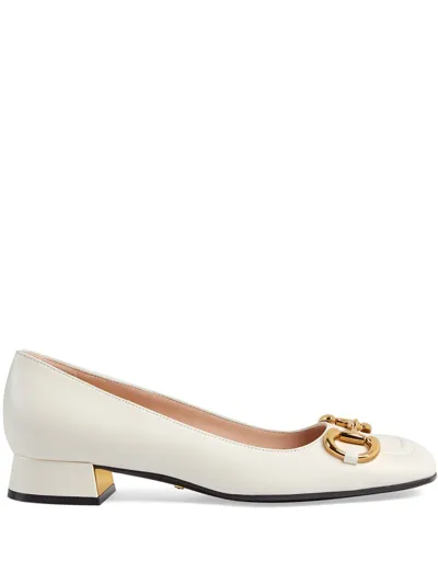 Gucci Leather Horsebit Pumps 25 In Mystic White