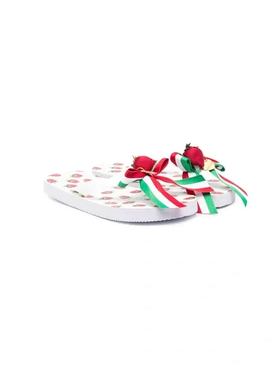 Monnalisa Kids' White Tiole Strawberry Flip-flops