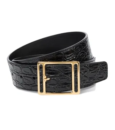 Saint Laurent Croc-effect Leather Belt In Black