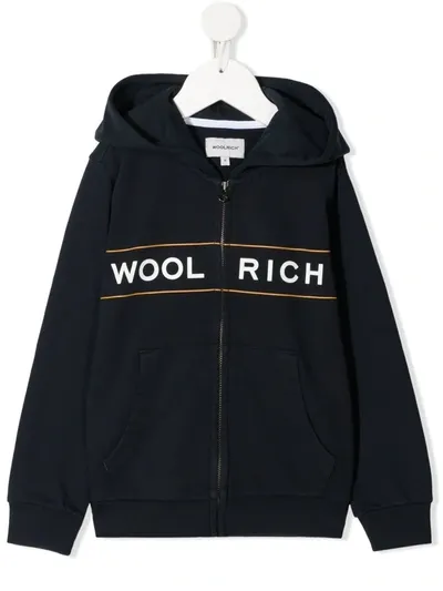 Woolrich Kids' Logo-print Zipped Hoodie In Blue