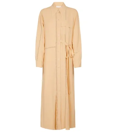 Chloé Belted Lace-trimmed Crepe Midi Shirt Dress In Dark Beige