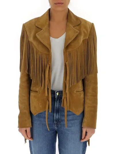 Saint Laurent Fringed Leather Jacket In Brown