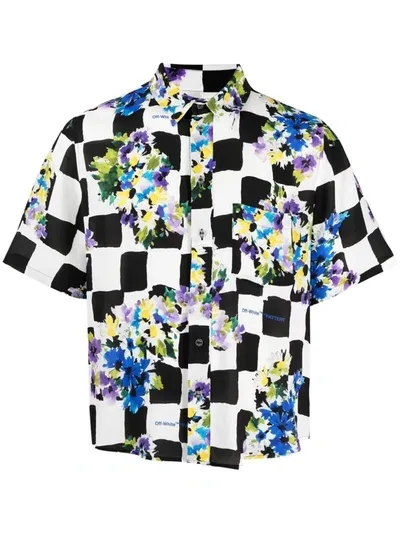 Off-white Check Floral Holiday Short Sleeve Button-up Camp Shirt In Multi