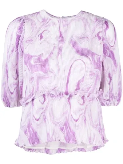 Ganni Ruffled Printed Plissé-georgette Blouse In Orchid Bloom