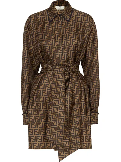 Fendi Ff Logo Silk Shirt Dress In Mud,tobacco