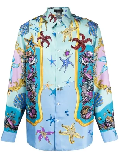 Versace Trã©sor De La Mer Print Silk Shirt In Blue