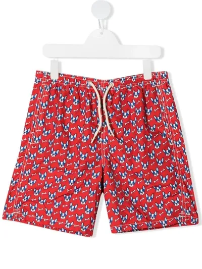 Mc2 Saint Barth Kids' French Bull Dog All Over Print Boys Light Swimshorts In Red