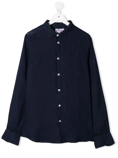 Mc2 Saint Barth Teen Band-collar Linen Shirt In Blue