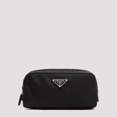 Prada Logo Plaque Toiletry Bag In Black