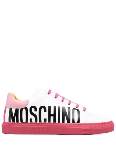 Moschino Leather Sneakers With Logo In White Fuschia