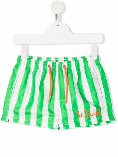 Mc2 Saint Barth Teen Embroidered Logo Striped Swim Shorts In White