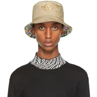 Fendi Reversible Beige & Multicolor Ff Fish-eye Bucket Hat