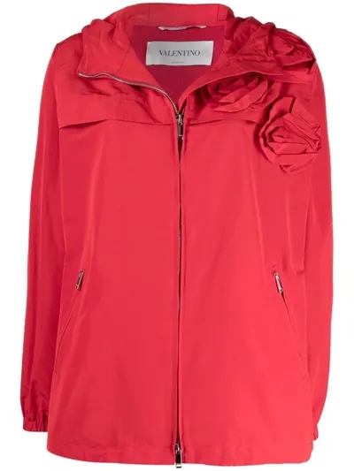 Valentino Red Cotton Blend Jacket With Rose Blossom Detail