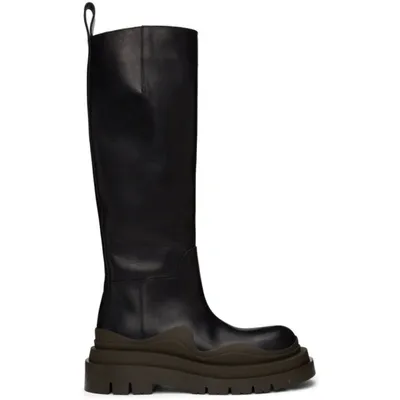 Bottega Veneta Tire Rubber-trimmed Leather Knee Boots In Black