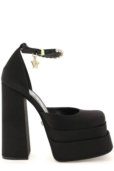 Versace Medusa Aevitas Embellished Leather Platform Sandals In Nero