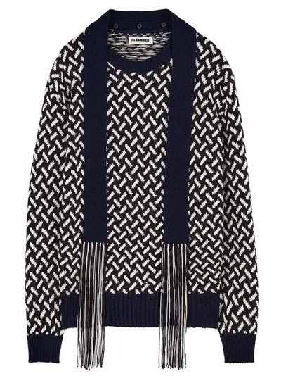 Jil Sander Fringed Tie-neck Intarsia Wool Sweater In Blue