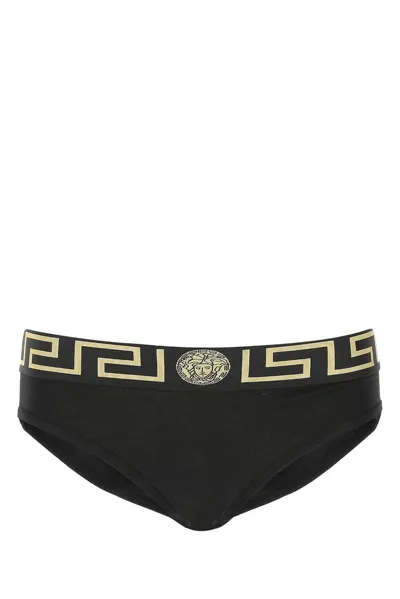 Versace Greca-jacquard Cotton-blend Briefs In Black