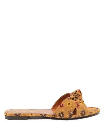 Saint Laurent Bianca Knotted Floral-print Suede Slides In Tan Print