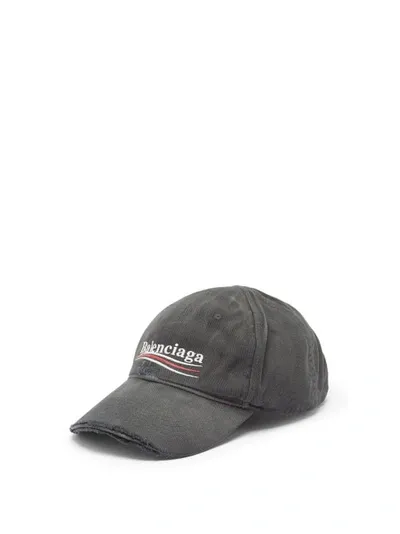 Balenciaga Logo-embroidered Distressed Canvas Baseball Cap In Black