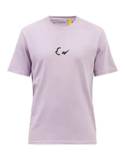 Moncler Man Lilac T-shirt With Embroidered Logos In Purple