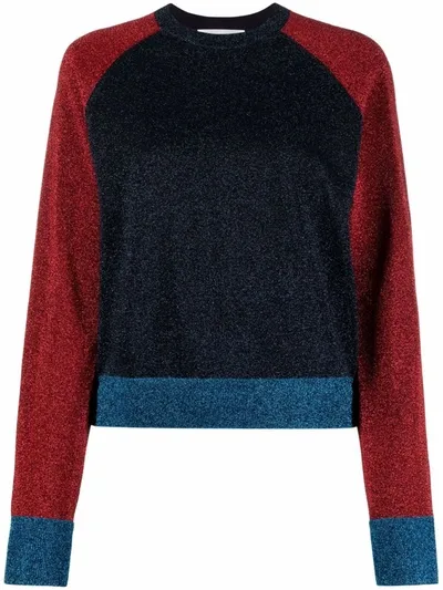 Victoria Beckham Color-block Metallic Cotton-blend Sweater In Navy Red Multi