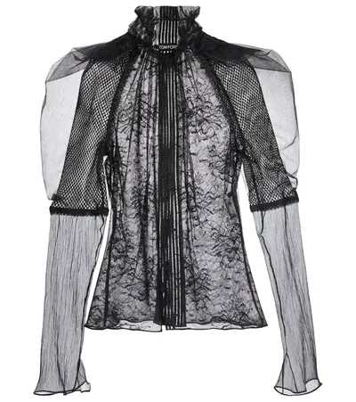 Tom Ford Patchwork Lace Puff-sleeve Blouse In Black