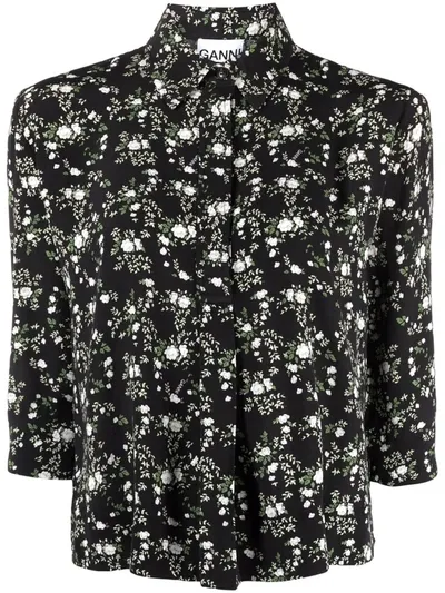 Ganni Floral-print Three-quarter Sleeve Blouse In Black