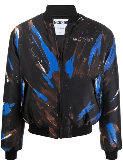 Moschino Logo Paint Print Bomber Jacket In Black