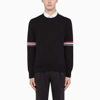 Thom Browne Navy Crewneck Sweater With Striped Motif In Blue