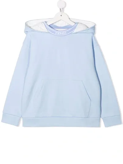 Fendi Kids' Logo-collar Cotton Hoodie In Sky Blue