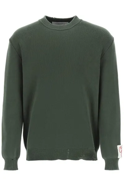 Golden Goose Regular Knit Crew Neck Distressed Cotton In Green