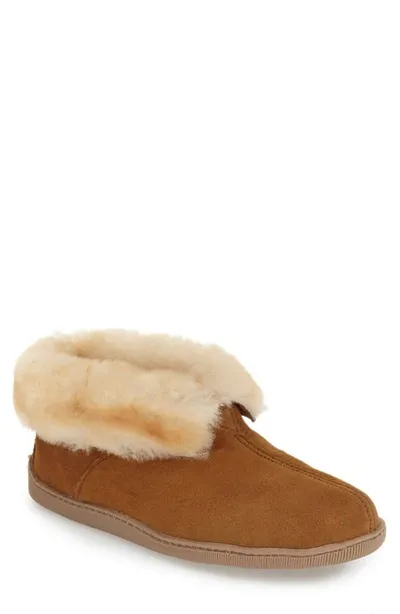 Minnetonka Sheepskin Ankle Boot Slipper Mens Suede Ankle Bootie Slippers In Tan